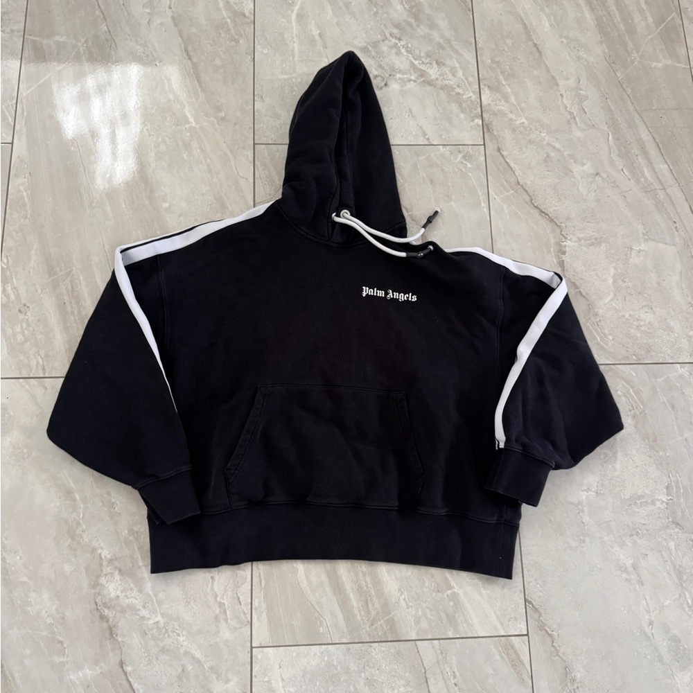 Palm Angels Black Hoodie with White Shoulder Stripes